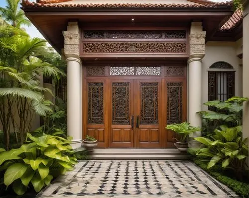 Modern Hoa-inspired architecture, grand entrance, intricately carved wooden doors, ornate roof tiles, vibrant cultural patterns, lush greenery surrounding, serene natural ambiance, warm afternoon sunl