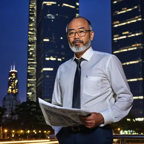 Certified expert, mature male, balding, glasses, beard, professional attire, suit jacket, white shirt, tie, Levi's jeans, black leather shoes, holding a large blueprint, standing in front of a modern 