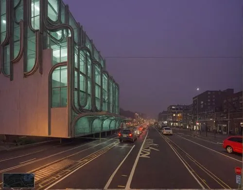 busy street level, hotel activities behind glass facade, night time, facade lighting,an old street with cars driving down it,mvrdv,leidseplein,friedrichstrasse,hafencity,sloterdijk,light trail,Photogr