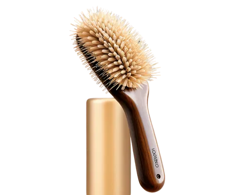 Hairbrush, cosmetic tool, solo, wooden handle, soft bristles, curved shape, metallic ferrule, morning light, shallow depth of field, warm color tone, 3/4 composition, realistic texture, high-resolutio