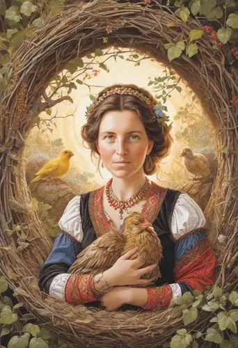 girl in a wreath,woman holding pie,girl with bread-and-butter,shepherdess,lughnasadh,dove of peace,Digital Art,Comic