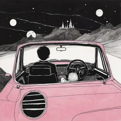 moon car,bratmobile,car drawing,pink car,joyriding,drive,Illustration,Black and White,Black and White 02