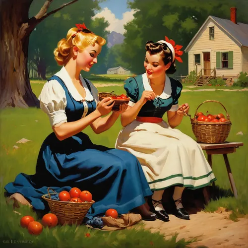 girl picking apples,cherries,woman eating apple,red apples,sweet cherries,picnic,woman holding pie,vintage girls,apple harvest,basket of apples,heart cherries,grape tomatoes,apple picking,1940 women,retro women,picking apple,tomatos,retro pin up girls,young women,pin-up girls,Illustration,Retro,Retro 10