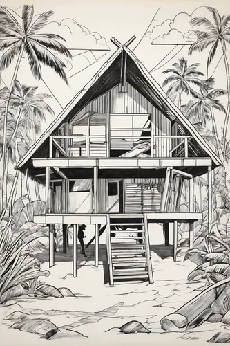 tropical house,stilt house,beach house,stilt houses,house drawing,floating huts,holiday home,chalet,beach hut,wooden house,beachhouse,summer cottage,cottage,huts,timber house,holiday villa,dunes house,inverted cottage,summer house,wooden houses,Art,Artistic Painting,Artistic Painting 44