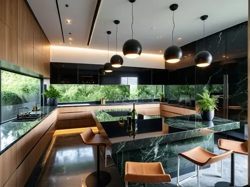 modern villa kitchine,minimalist, high resolution, reflective , greeny out side,big window, reflective black marble,the kitchen is very big and has black marble,modern kitchen interior,modern kitchen,