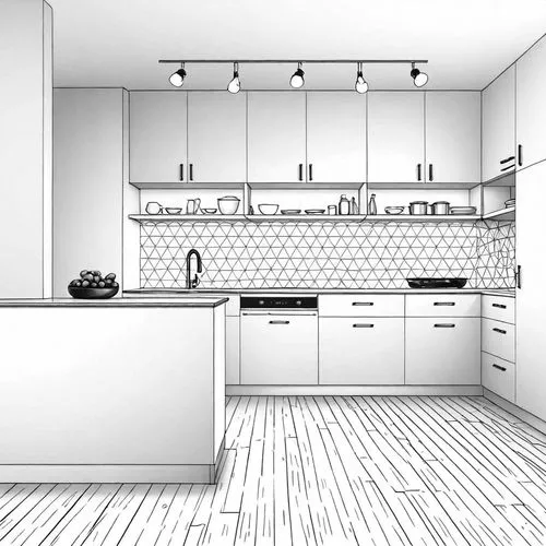 a kitchen filled with lots of counter tops and white cabinets,kitchen design,kitchen interior,kitchen,modern kitchen interior,sketchup,kitchens,Design Sketch,Design Sketch,Detailed Outline