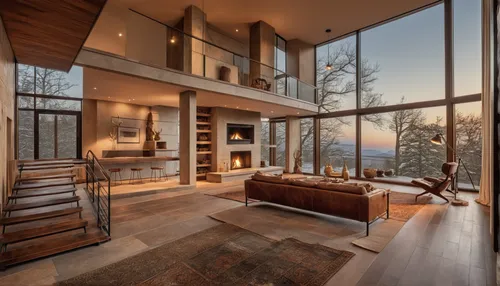 Huge floor-to-ceiling glass windows, outside is nature, ,the cabin in the mountains,house in the mountains,house in mountains,interior modern design,luxury home interior,great room,beautiful home,mode