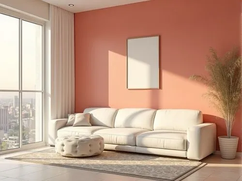 Minimalist room, coral accent wall, creamy white furniture, sleek lines, low-profile sofa, tufted ottoman, geometric patterned rug, floor-to-ceiling windows, natural light, urban city view, afternoon 