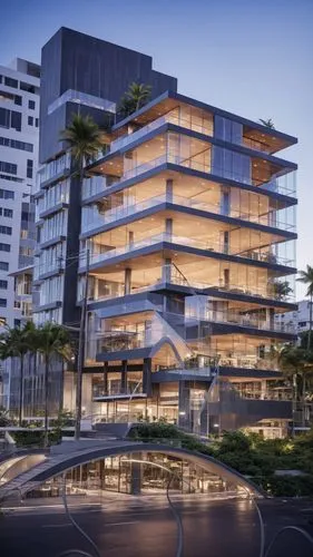 Genera una imagen de un moderno edificio de varios pisos en Acapulco, reconstruido tras el huracán Otis. El nuevo diseño debe tener una fachada moderna, con grandes ventanales de vidrio reflejando el 