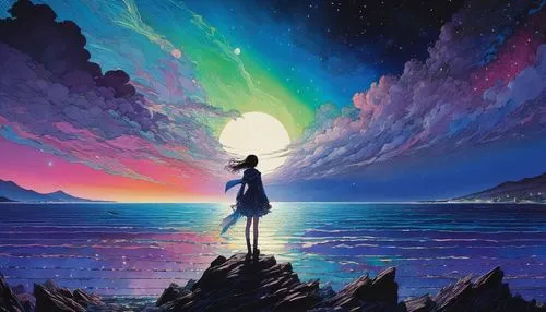 the horizon,cosmos,andromeda,horizon,dream world,fantasia,ocean,cosmos wind,astral traveler,universe,芦ﾉ湖,the endless sea,celestial,starlight,sea night,sky,rainbow and stars,scene cosmic,beyond,luminous,Illustration,Japanese style,Japanese Style 13