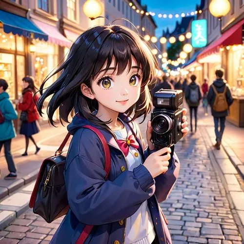 1990s style, CLAMP style, Card Captor Sakura, Daidouji Tomoyo, black hair, casual style, handheld camcorder, happy, energetic, filming excitedly on a street,,a girl with a camera,camera illustration,p