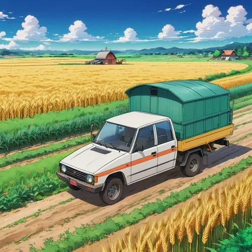 russian truck,hijet,isuzuki,chikuzen,hanomag,yamada's rice fields,Illustration,Japanese style,Japanese Style 03