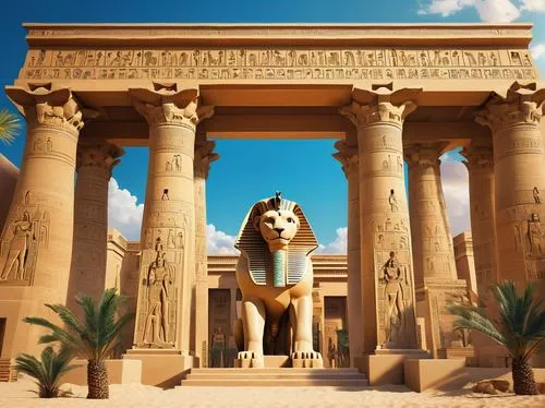 Ancient Egyptian-inspired architecture, temple-like structure, ornate columns with hieroglyphics, grand entrance with stone lions, intricate carvings on walls, vibrant turquoise and gold accents, pyra