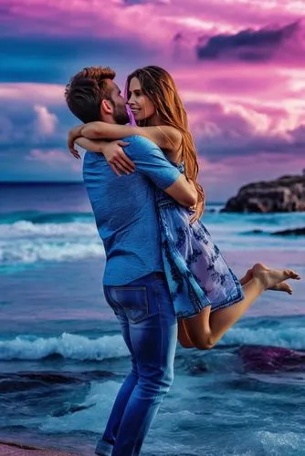 a man is hugging a woman while standing on the beach,loving couple sunrise,romantic scene,love in air,honeymoon,romantica,dancing couple,Photography,General,Realistic