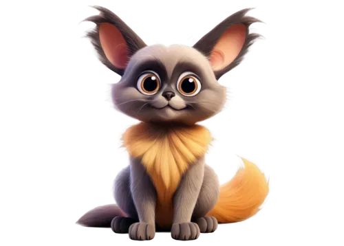 Mapache, illustration, cartoon style, colorful, whimsical, fantasy creature, furry, long ears, big round eyes, fluffy tail, sitting on haunches, paws together, cute facial expression, soft focus, warm