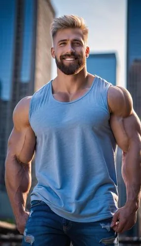 Muscular man, big oppai, confident smile, bright blue eyes, short blond hair, thick beard, sleeveless shirt, ripped jeans, sneakers, strong chest, athletic build, flexing arms, standing pose, city str