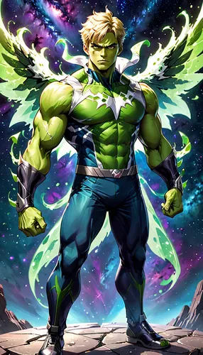 A realistic full-body portrayal of a male superhero inspired by the Hulkling character. He is depicted as a strong, muscular young man with a green skin tone, indicating his alien hybrid nature. His c