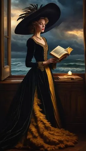 victorian lady,fantasy portrait,librarian,the hat of the woman,romantic portrait,bewitching,lectura,woman silhouette,fantasy picture,book wallpaper,black hat,samhain,gothic portrait,bibliophile,witching,author,isoline,woman's hat,world digital painting,sci fiction illustration,Conceptual Art,Daily,Daily 32