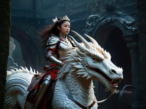 a very beautiful princess in armor, the clear outline of the princess's face,dragon li,chinese dragon,heroic fantasy,dragon,fantasy art,fantasy picture,wyrm,dragons,painted dragon,dragon design,dragon