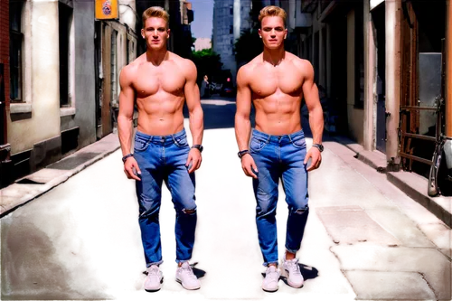 Muscular man, shirtless, confident posture, short blond hair, blue eyes, chiseled jawline, bold eyebrows, earring, necklace, ripped jeans, sneakers, casual walking pose, urban setting, warm lighting, 