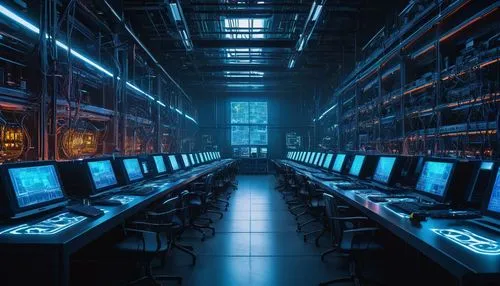 AI image generator, futuristic laboratory setting, sleek metal tables, rows of humming computers, neon blue lights, holographic screens, robotic arms assembling circuits, wires and microchips scattere