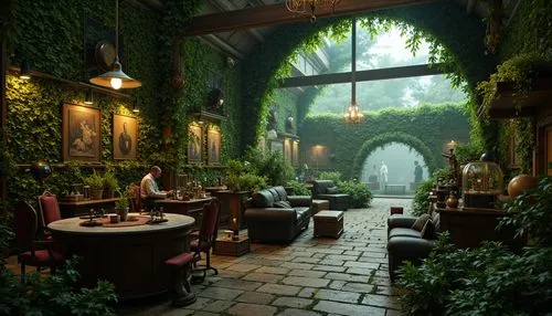 herbology,tearoom,breakfast room,dandelion hall,a restaurant,dining room,victorian room,patios,ornate room,tavernas,green garden,baoli,teahouse,indoor,courtyard,patio,winter garden,arbor,inside courtyard,fine dining restaurant