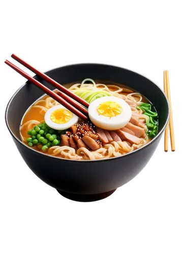 Steamy ramen bowl, Japanese style, savory broth, springy noodles, sliced pork, boiled egg, green onions, wooden chopsticks, ceramic spoon, steaming hot, shallow depth of field, warm color tone, close-