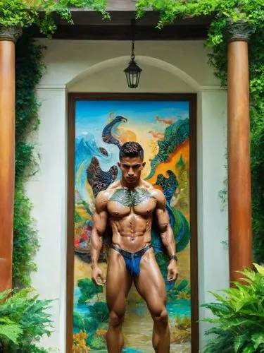 sagat,buakaw,kushti,statue of hercules,garden door,musclebound