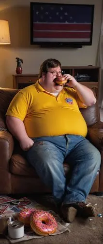 Peter Griffin, obese, leaning forward, lazy expression, messy brown hair, thick eyebrows, mustache, worn-out blue shirt, torn jeans, slippers, holding a donut, sitting on a dirty couch, stained carpet