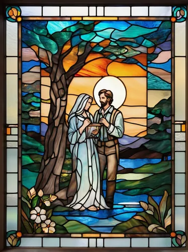 Create a heartwarming scene where a family uses Dingtone to connect with their loved one who is far away.,stained glass window,stained glass,jesus in the arms of mary,stained glass windows,holy family