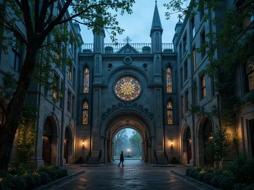 Intricate stone carvings, Gothic arches, grandiose entrance gates, mysterious nighttime ambiance, foggy misty atmosphere, eerie silence, ancient tree branches, overgrown vines, rugged stone walls, tow