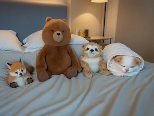 Make the animals look sad.,four stuffed animals and a stuffed toy are on a bed,cuddly toys,cat family,stuffed animals,monkey family,stuffed toys,plush toys,Photography,General,Realistic