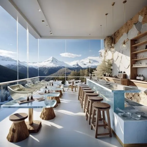 Modern Cafe Design Layout: The seating arrangement and dimensions in the main visual will be applied exactly as they are. The concept in the reference visual, transparent glacier mountain themed table