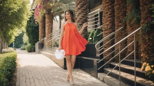 girl in a long dress,girl walking away,woman walking,orange,fashion street,bright orange