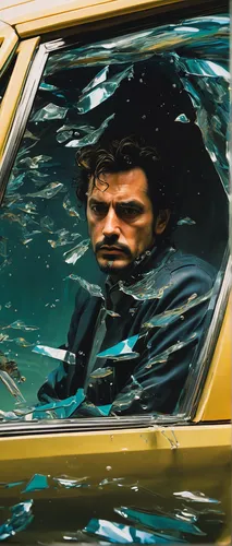 Write a scene where a character is trapped inside a car submerged underwater, desperately trying to break the plexiglass windows.,dodge super bee,windshield,bobby-car,camaro,dodge charger,the man in t