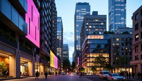 city scape,manhattan,colorful city,new york streets,business district,streetscape,urban landscape,yonge,5th avenue,cityscape,tishman,citycenter,skyscrapers,cityscapes,city corner,tribeca,cityline,aoyama,3d rendering,evening city