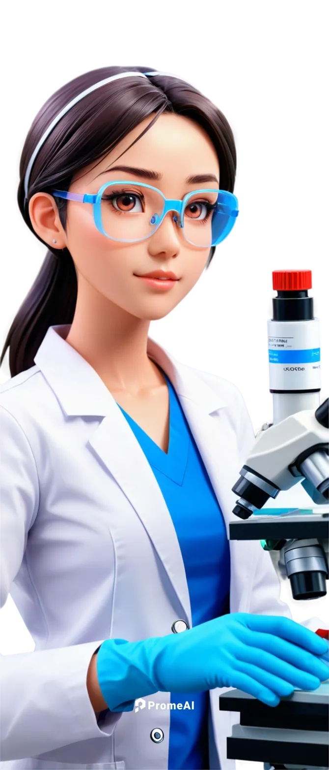 Medical worker, lab coat, goggles, face mask, blue gloves, covid-19 test kit, medical instrument, tube with blood sample, microscope, modern laboratory, fluorescent lighting, shallow depth of field, 3