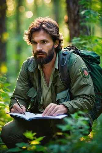 Stalker, ecologist, male, 30s, messy brown hair, thick beard, green jacket, binoculars around neck, backpack full of equipment, holding a notebook and pencil, observing nature, crouching near a bush, 