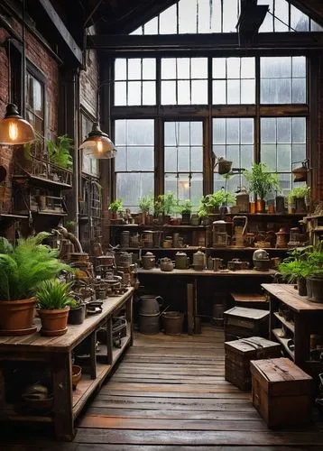 herbology,packinghouse,workbenches,potted plants,brickworks,houseplants,terrariums,rustic aesthetic,loft,warehouse,nurseries,wooden pallets,teahouses,garden of plants,abandoned factory,greenhouse,rustic,house plants,indoor,manufactory,Illustration,Japanese style,Japanese Style 12