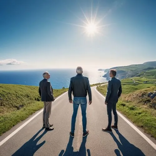 Image of A mature man meeting another self coming from another dimension on a scenic road with the sea in the background,three men stand in the middle of a road,icelanders,the road to the sea,nordkapp