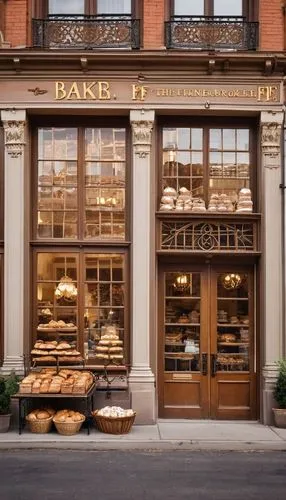 Baker shop, Victorian-era inspired architecture, ornate facade, brick walls, large glass windows, wooden doors, golden signage, streetlamp, afternoon warm lighting, 3/4 composition, depth of field, be