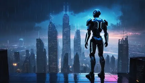 GTB AI, futuristic, sci-fi, robotic, shiny metal body, glowing blue eyes, advanced artificial intelligence, standing, cityscape, skyscraper, neon lights, rainy night, misty atmosphere, dramatic lighti