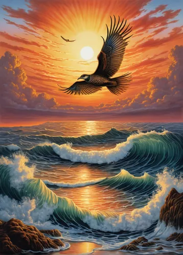 sea bird,bird painting,birds of the sea,coastal bird,migratory birds,sea swallow,sea birds,migratory bird,sea head eagle,black hawk sunrise,flying sea gulls,seascape,sea hawk,sun wing,oil painting on canvas,bird flying,bird in the sky,birds flying,birds in flight,flying birds,Illustration,Retro,Retro 24