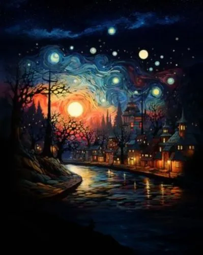 night scene,moonlit night,fantasy art,art painting,fantasy picture,fantasy landscape,light of night,starry night,christmas landscape,romantic night,post impressionism,glass painting,fireworks art,motif,dreamland,vincent van gough,the night of kupala,sea night,lampion,lights serenade