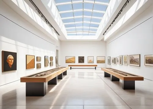 Grand interior of a modern layout museum, spacious high ceiling, elegant white marble floor, rows of rectangular glass exhibition cases, displaying ancient artifacts, dimmable LED track lighting, gent