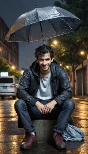 A man, wearing trendy clothes, sitting on a curb with his tail between his legs in a rainy street, totally wetting, hands both in pockets, hopeless and despair, smiling bittersweet, night,man with umb