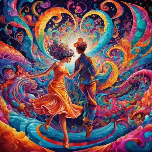 dancing couple,psychedelic art,the festival of colors,the luv path,colorful tree of life,mantra om,lsd,colorful spiral,passion bloom,into each other,harmony of color,pachamama,connectedness,two people,dancing flames,fire dance,colorful heart,dimensional,tantra,swirl,Illustration,Realistic Fantasy,Realistic Fantasy 39