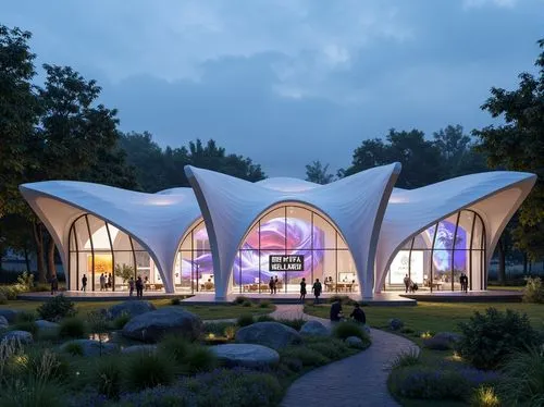 Regional pavilion, futuristic architecture, curved lines, translucent canopies, glowing LED lights, iridescent materials, shimmering textiles, holographic displays, interactive exhibits, immersive exp