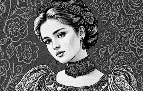 A highly detailed portrait of a young woman with an almost lifelike appearance, her head tilted slightly, with soft, contemplative eyes gazing indirectly at the viewer. She is adorned in an ornate, go