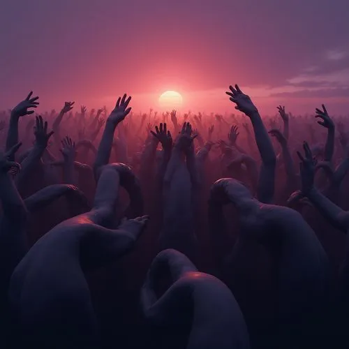 rapture,entities,overmind,lifeforms,populous,3d render,photo manipulation,overpopulation,apocalypse,raised hands,dusk background,ladyland,throngs,arms outstretched,purgatory,mourners,afterlife,rendezvoused,populace,otherworld